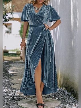 Velvet Stripe Wrap Maxi Dress | Wedding Guest Formal Blue Dress Size M